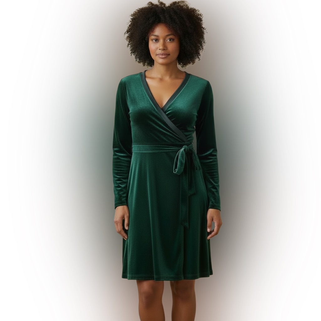 Dkny Pune Green Velvet Wrap Dress Knee Lenght Size 16